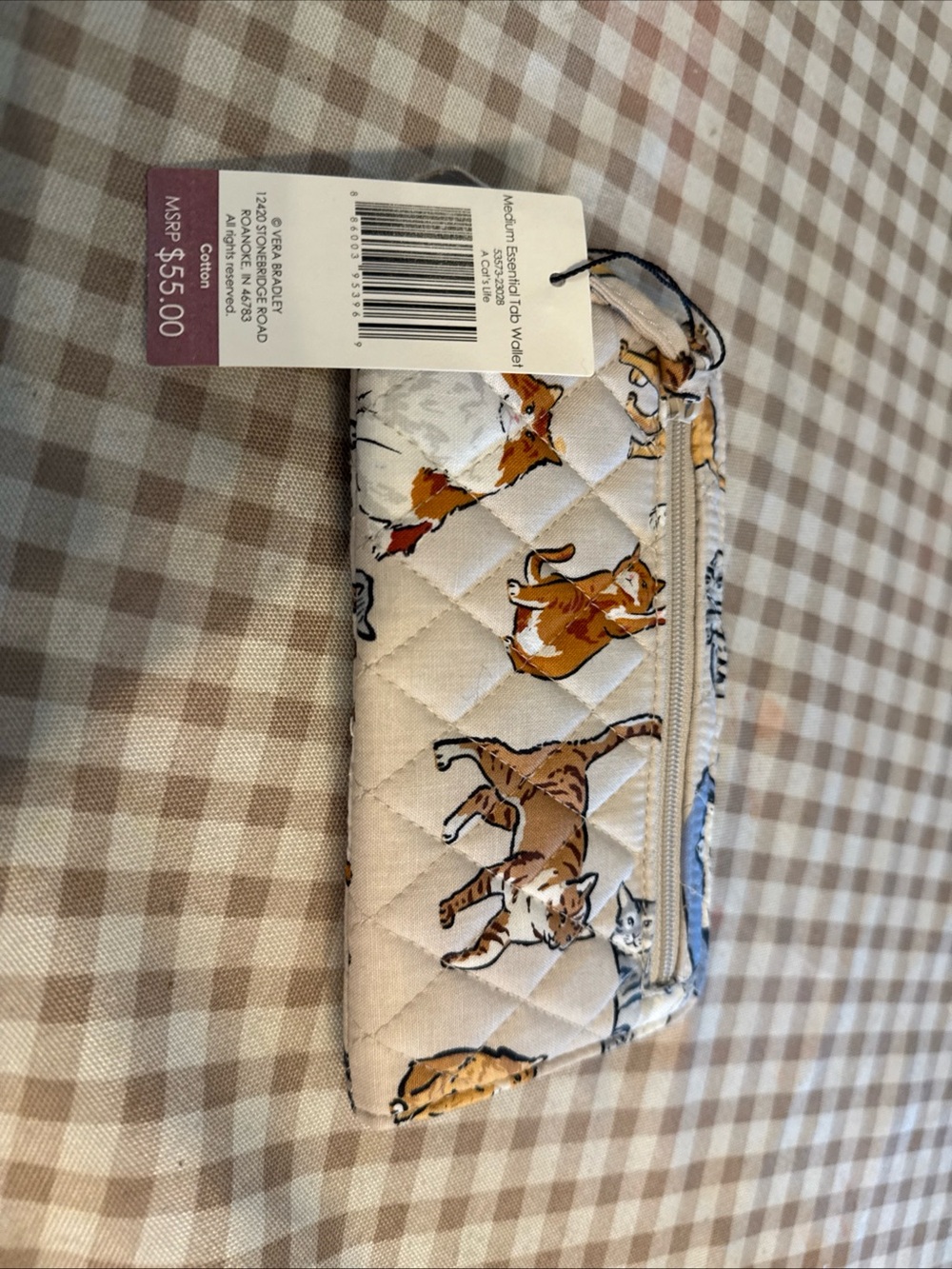 Quilted Cat Print Zip Wristlet - Cream with Orange & Brown Cats